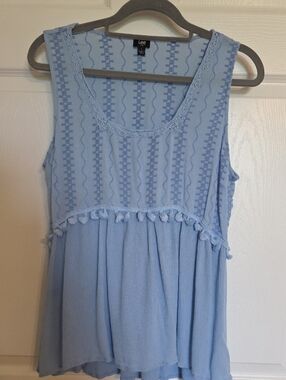 Lee Sky Blue Sleeveless Tassel-Trim Top